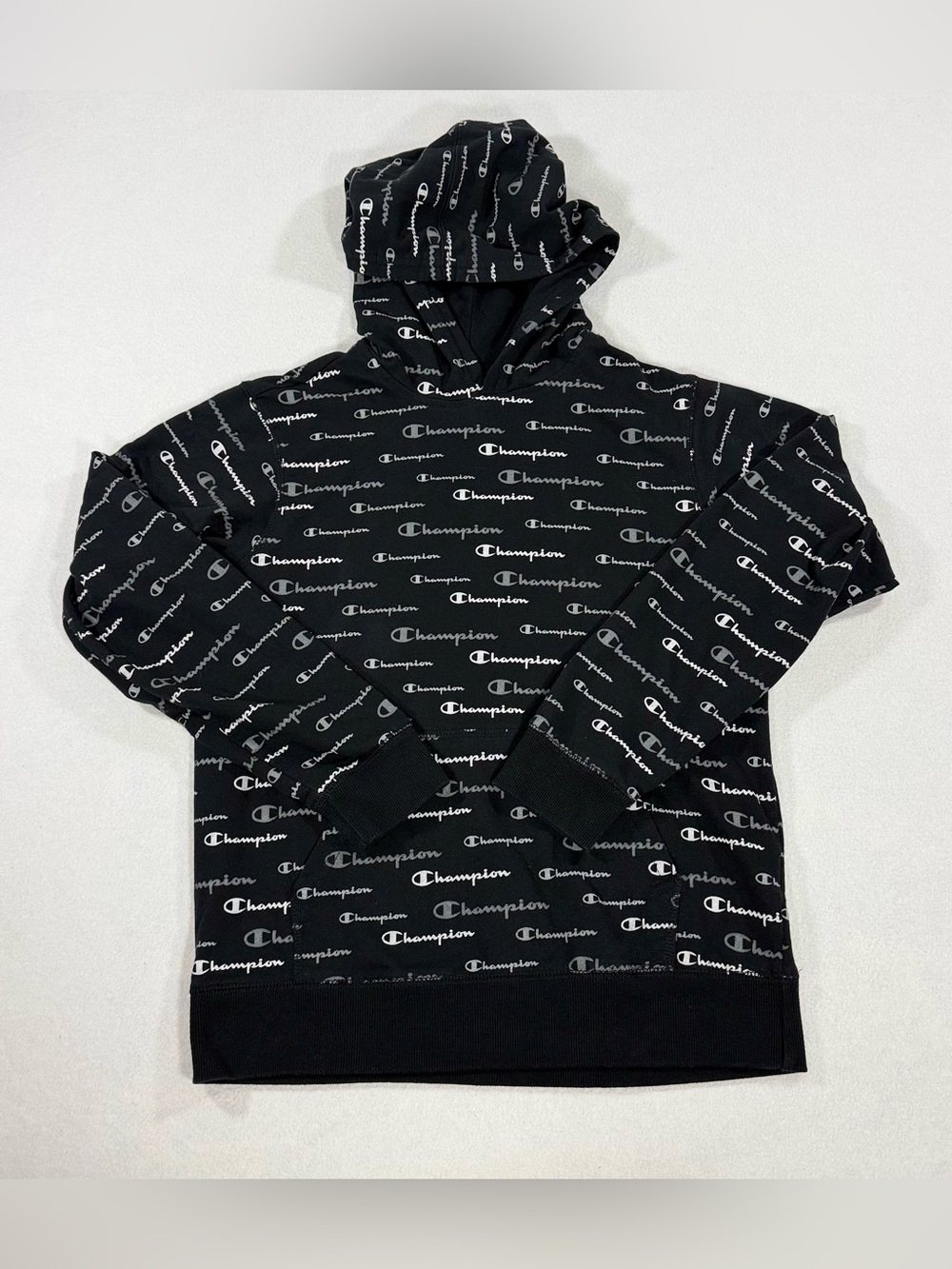Champion Youth All-Over Script Logo Hoodie Black Youth Size Large